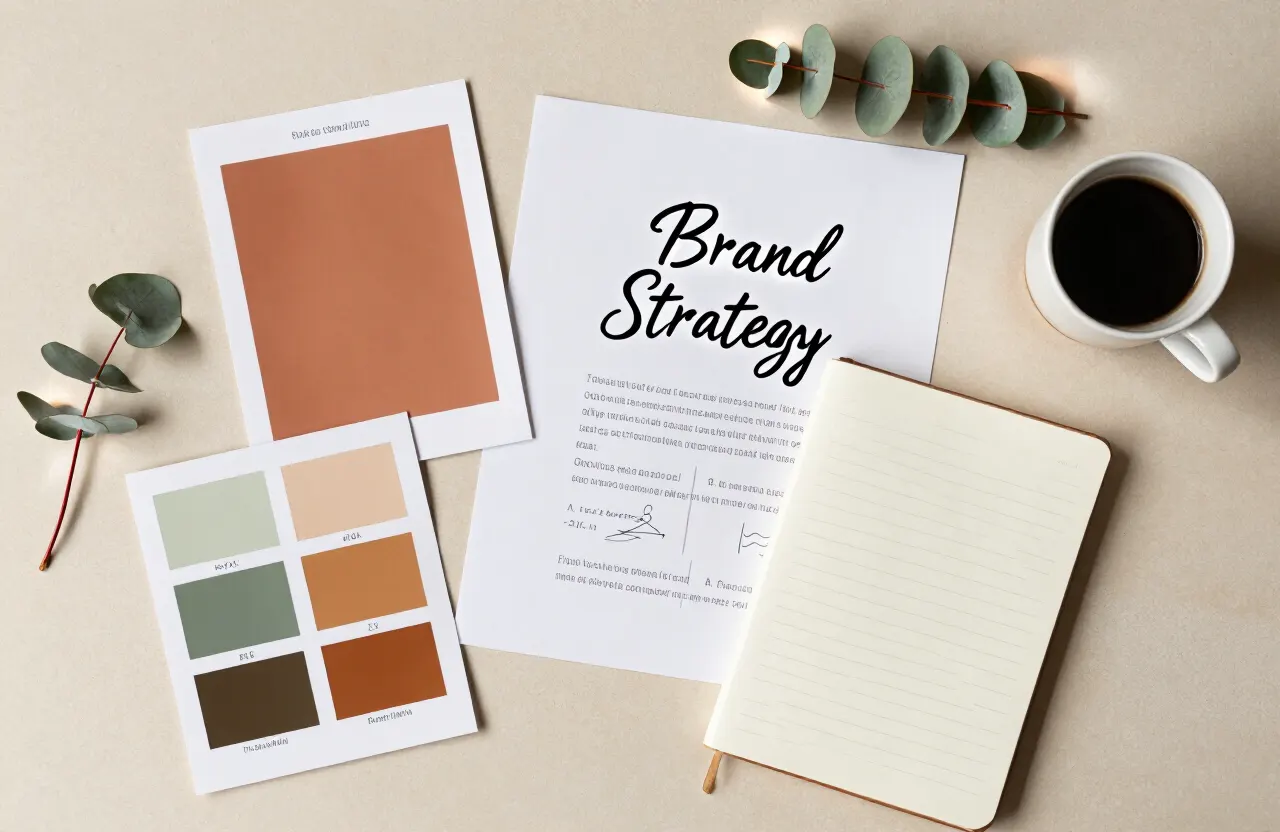 Sesión de estrategia de marca con muestras de color terracota, verde eucalipto y ámbar, bocetos y tipografías sobre una mesa clara