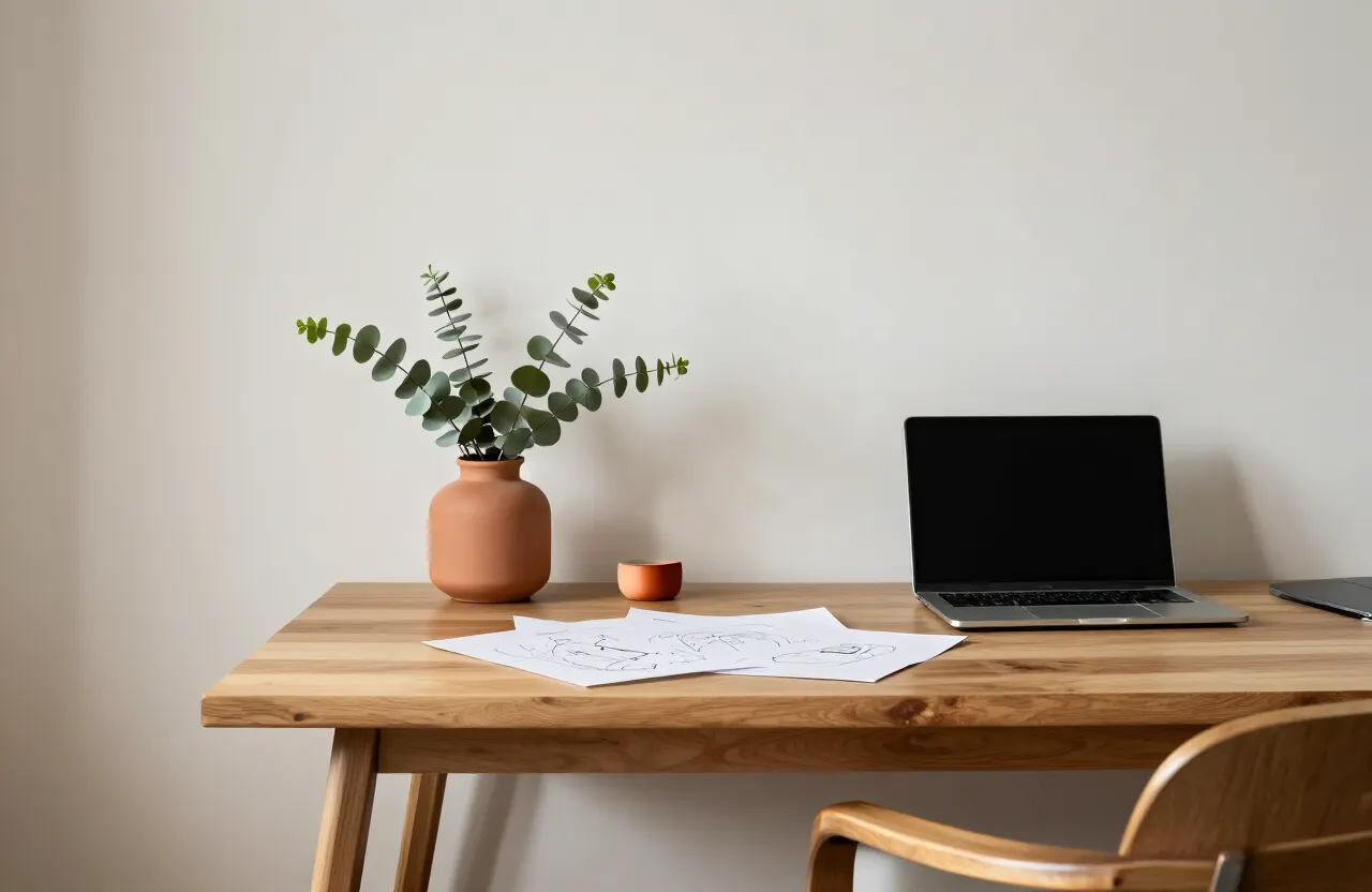 Estudio creativo de EstrategiaBrand con escritorio de madera, bocetos de diseño y luz natural